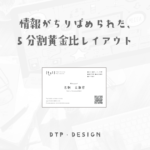 四隅と中央に情報を配置、5分割にセパレートされた表面レイアウト【横型名刺】
